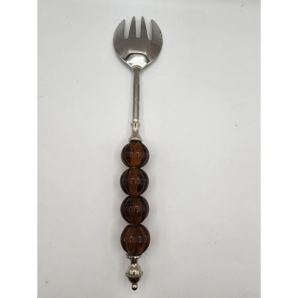 Amber Beaded Handle Stainless Steel Salad Servers Fork & Spoon Set